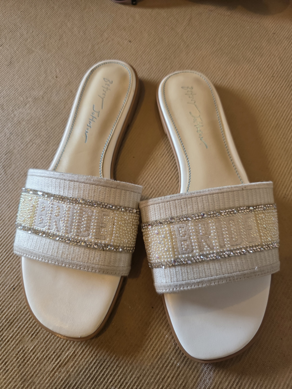 Betsey Johnson Ivory 'BRIDE' Beaded Slide Sandals